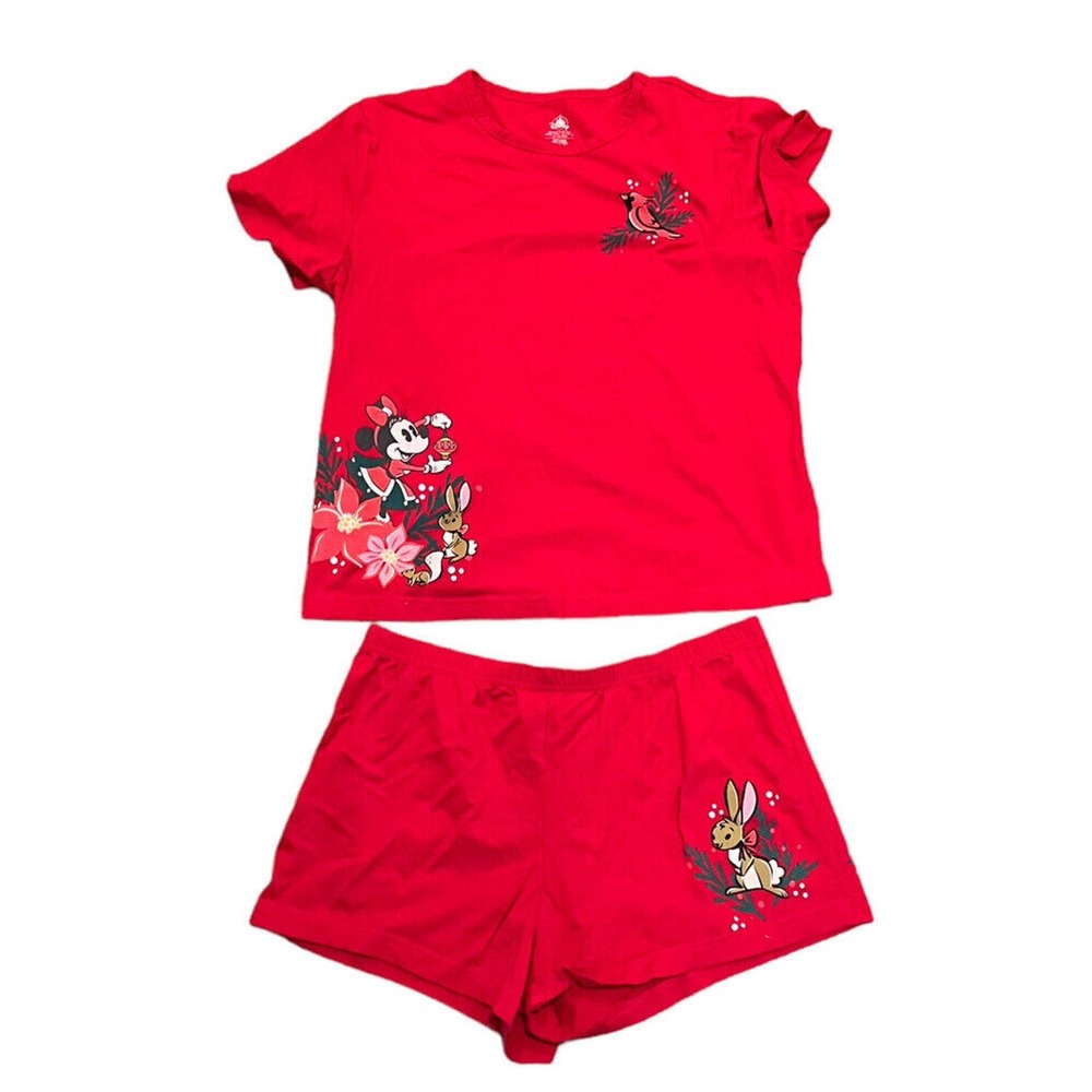 Disney Women's Minnie Mouse Christmas Pajama Set Large Shirt Shorts Red Holiday